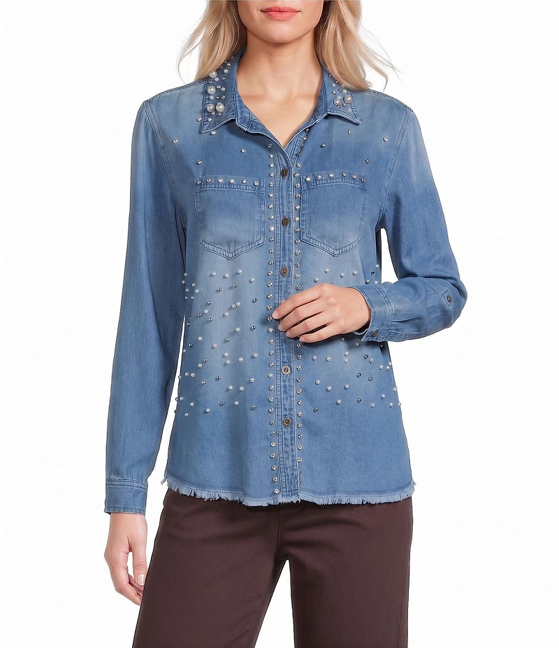 John Mark Denim Point Collar Long Sleeve Embellished Shirt