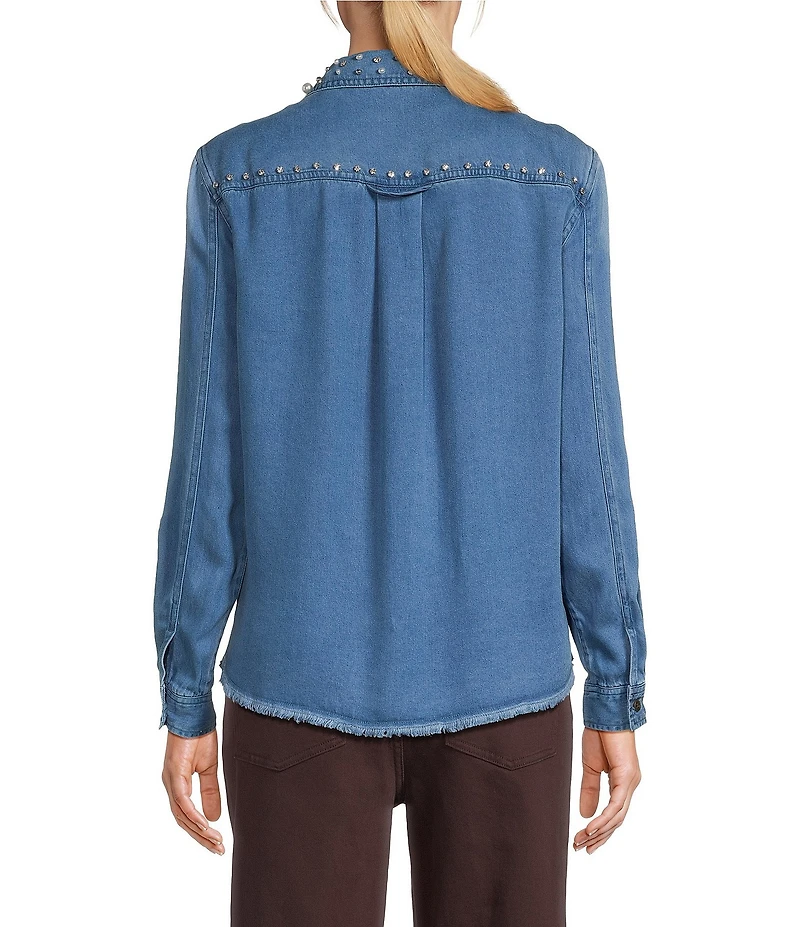 John Mark Denim Point Collar Long Sleeve Embellished Shirt
