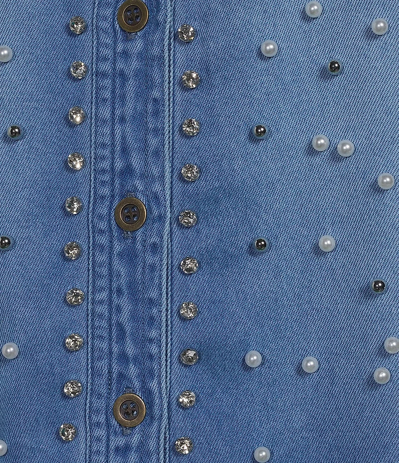 John Mark Denim Point Collar Long Sleeve Embellished Shirt