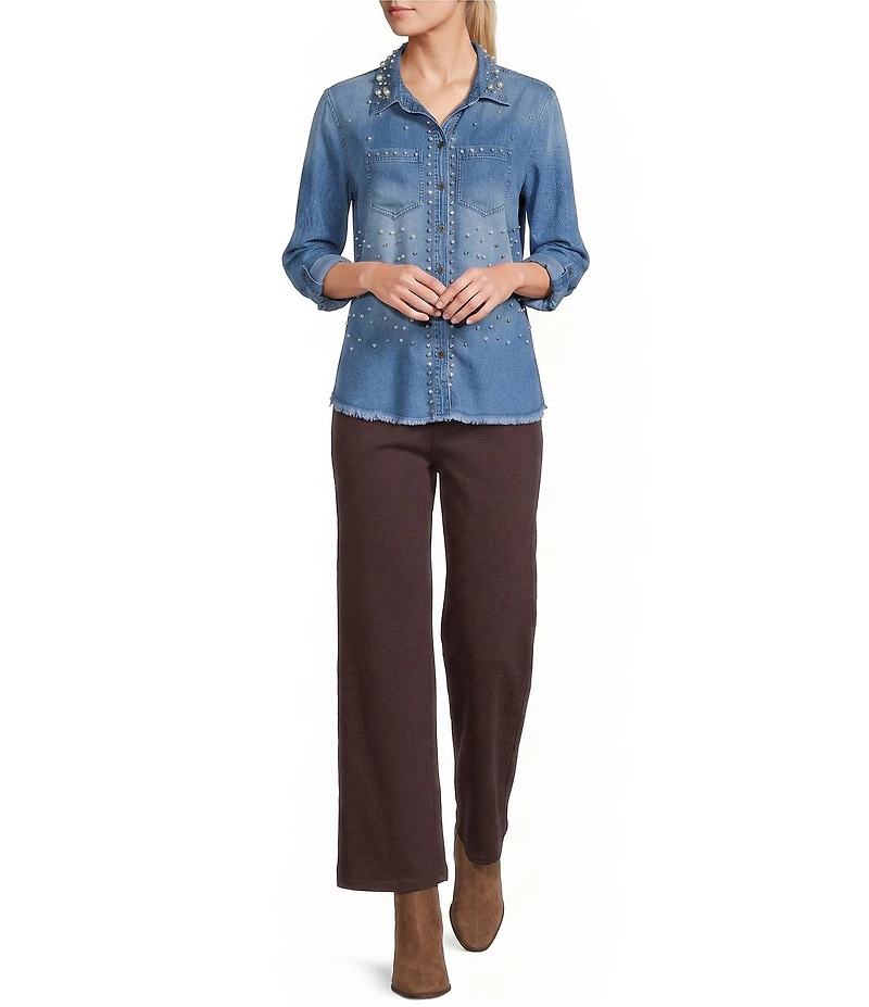 John Mark Denim Point Collar Long Sleeve Embellished Shirt