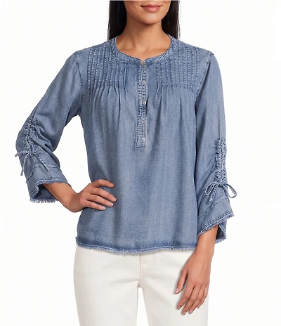 John Mark Denim Round Neck 3/4 Cinched Sleeve Tunic