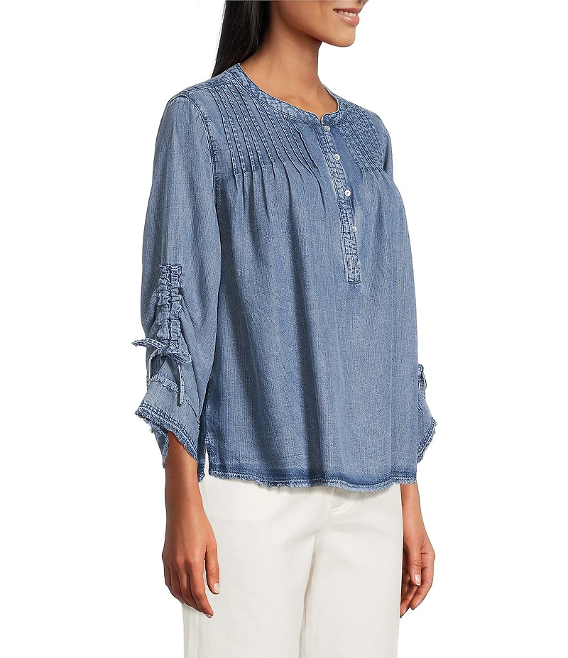 John Mark Denim Round Neck 3/4 Cinched Sleeve Tunic