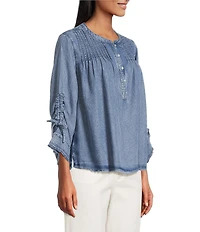 John Mark Denim Round Neck 3/4 Cinched Sleeve Tunic