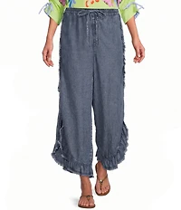 John Mark Denim Ruffle Petal Fringe Tie Front Wide Leg Pants