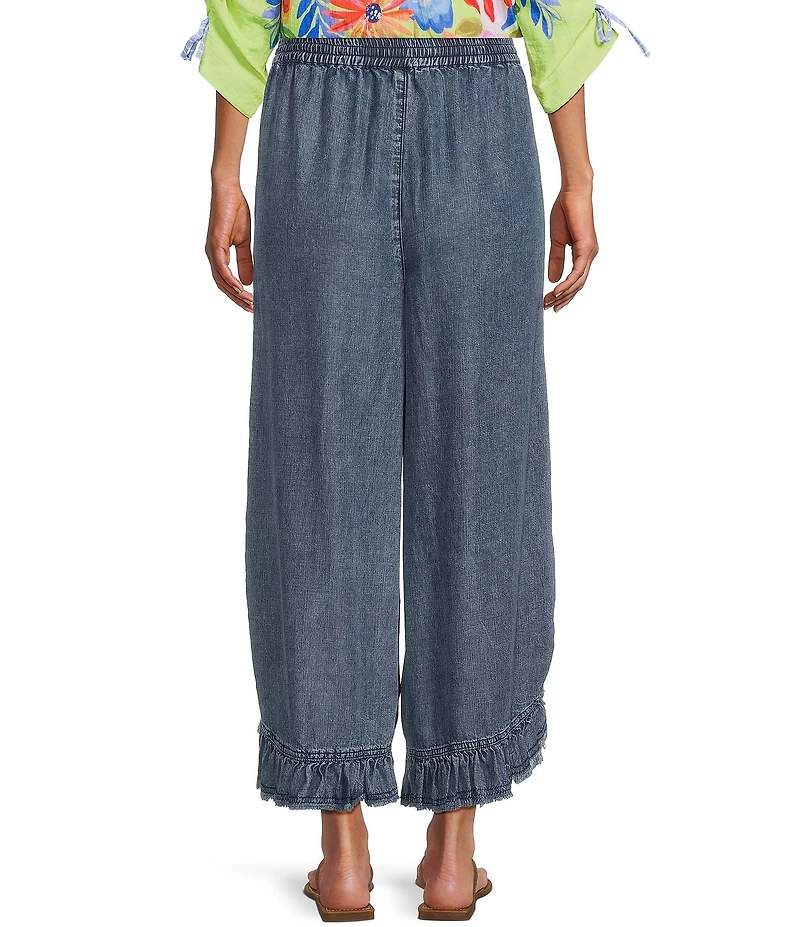 John Mark Denim Ruffle Petal Fringe Tie Front Wide Leg Pants