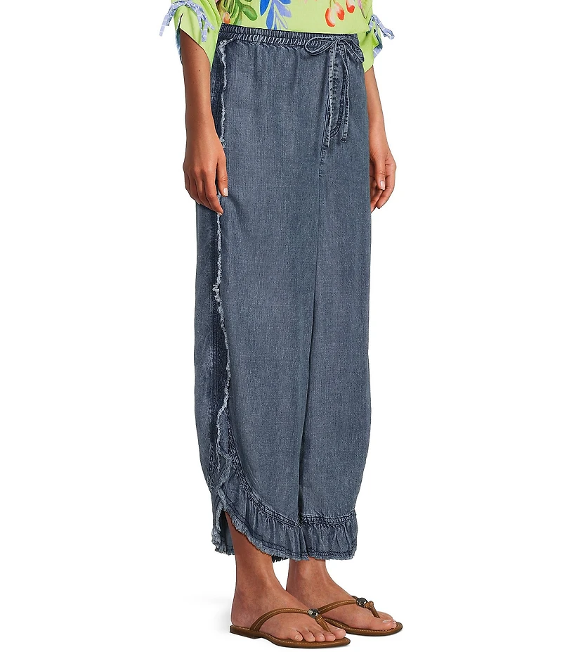 John Mark Denim Ruffle Petal Fringe Tie Front Wide Leg Pants