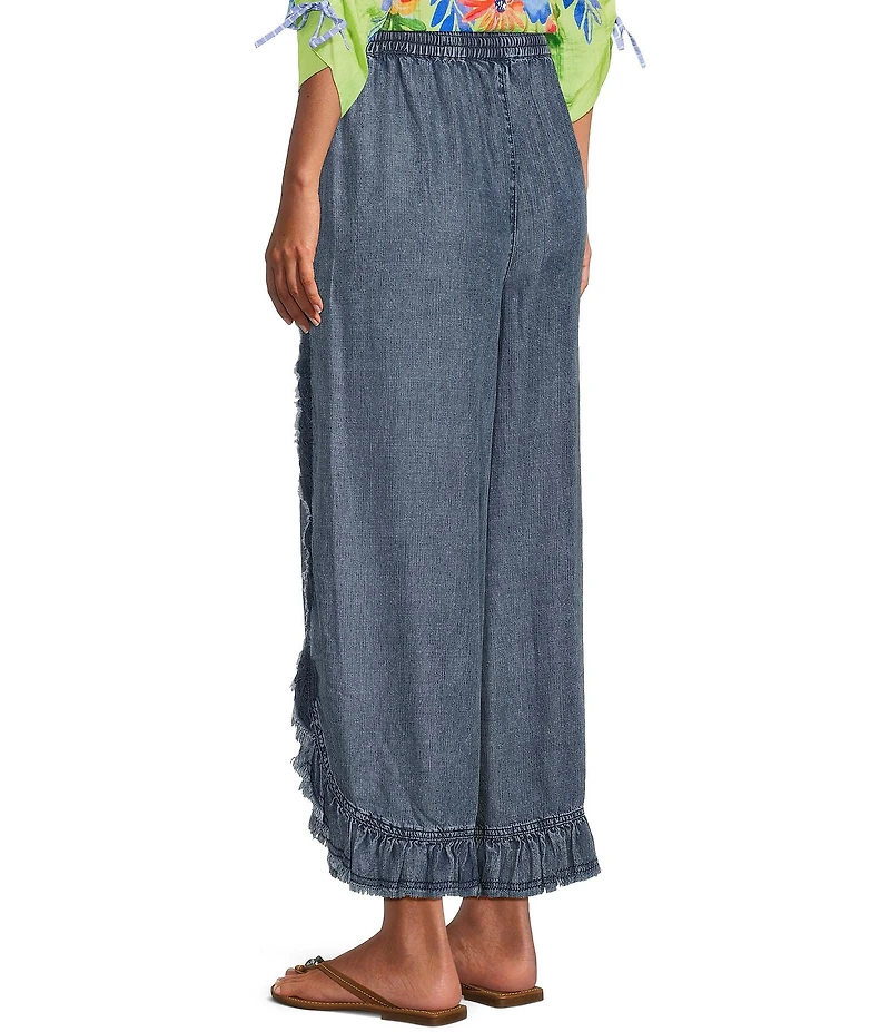 John Mark Denim Ruffle Petal Fringe Tie Front Wide Leg Pants