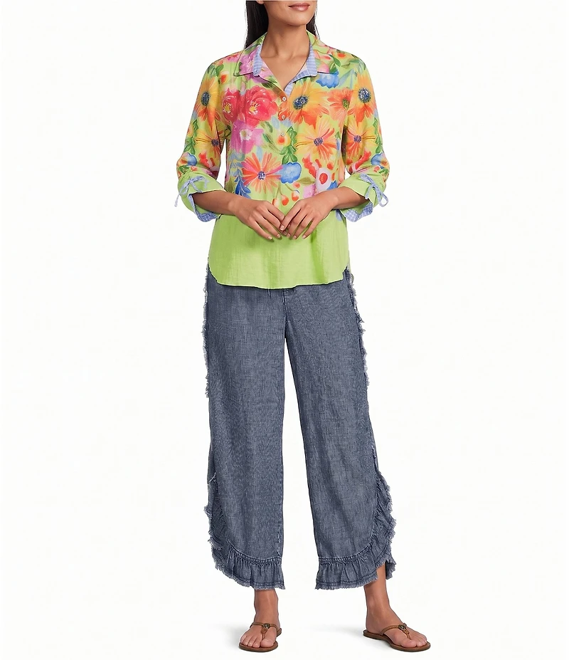 John Mark Denim Ruffle Petal Fringe Tie Front Wide Leg Pants