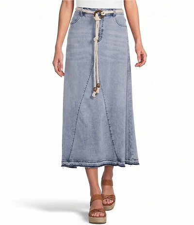 John Mark Denim Shark Bite Hem Fringe Belted Button Front Midi Skirt