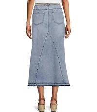 John Mark Denim Shark Bite Hem Fringe Belted Button Front Midi Skirt