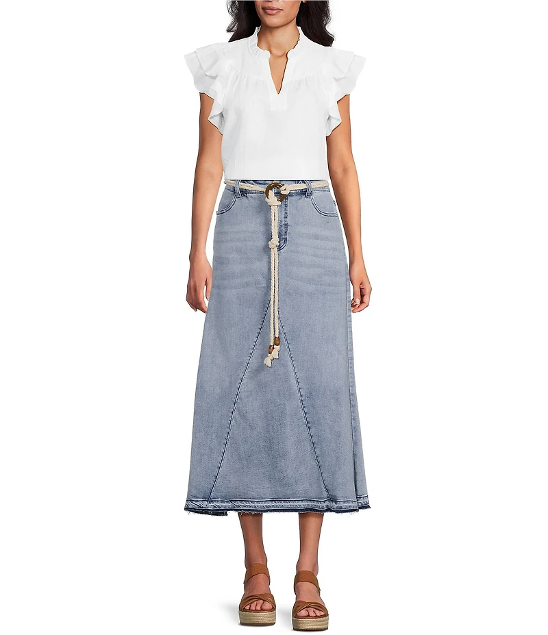 John Mark Denim Shark Bite Hem Fringe Belted Button Front Midi Skirt