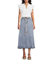 John Mark Denim Shark Bite Hem Fringe Belted Button Front Midi Skirt