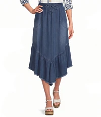 John Mark Denim Smocked Waist Ruffle Frayed Hem Midi Skirt
