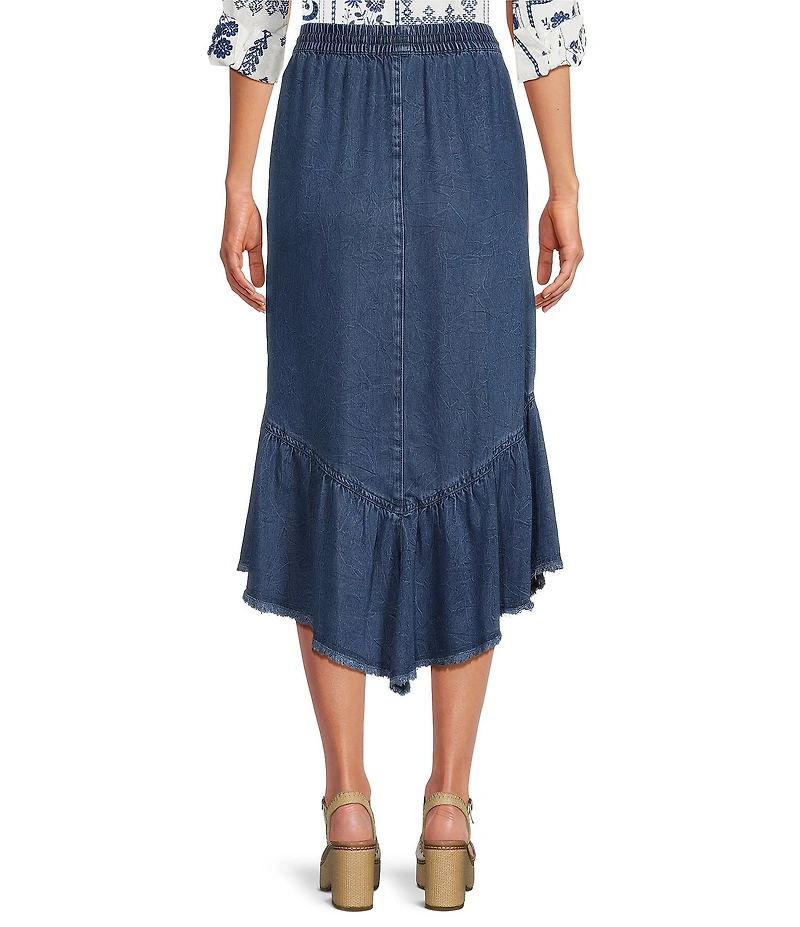 John Mark Denim Smocked Waist Ruffle Frayed Hem Midi Skirt