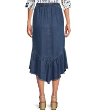 John Mark Denim Smocked Waist Ruffle Frayed Hem Midi Skirt