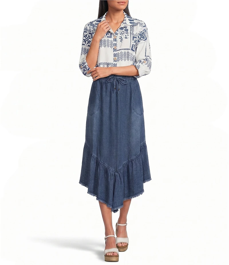 John Mark Denim Smocked Waist Ruffle Frayed Hem Midi Skirt