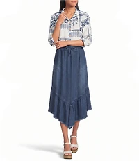 John Mark Denim Smocked Waist Ruffle Frayed Hem Midi Skirt