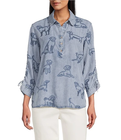 John Mark Dog Embroidered Wire Collar 3/4 Cinched Sleeve Tunic
