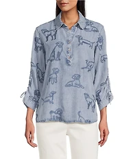 John Mark Dog Embroidered Wire Collar 3/4 Cinched Sleeve Tunic