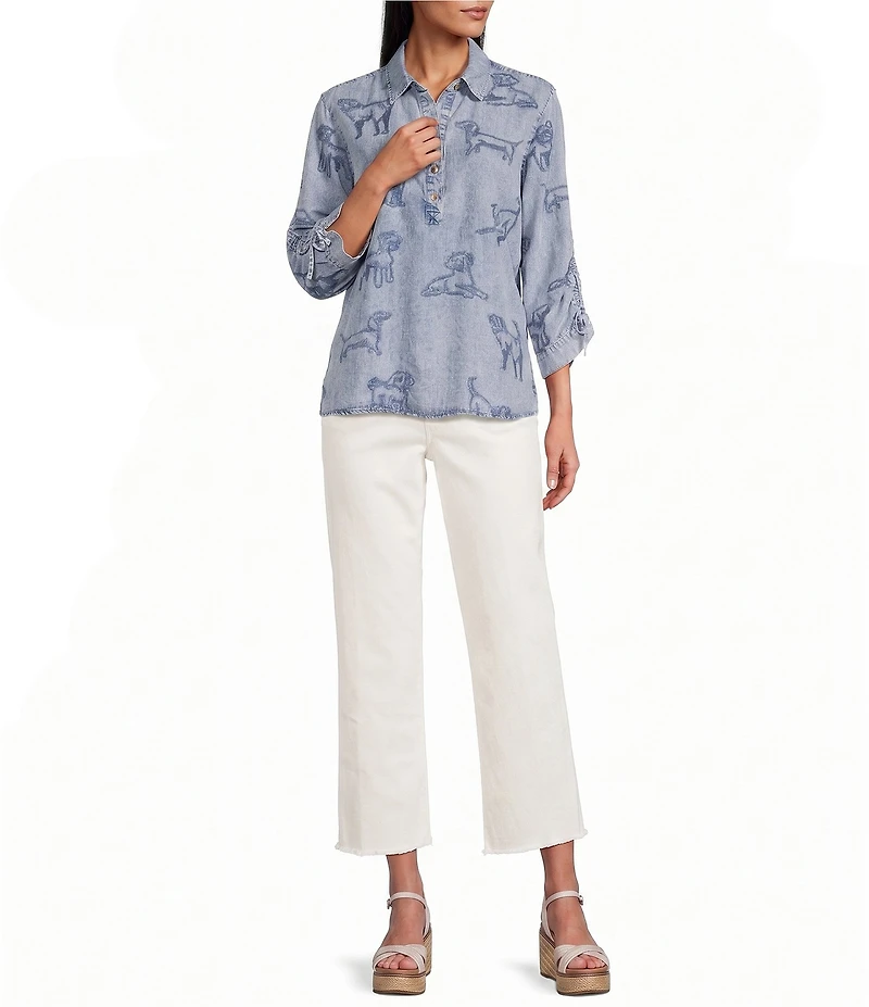 John Mark Dog Embroidered Wire Collar 3/4 Cinched Sleeve Tunic