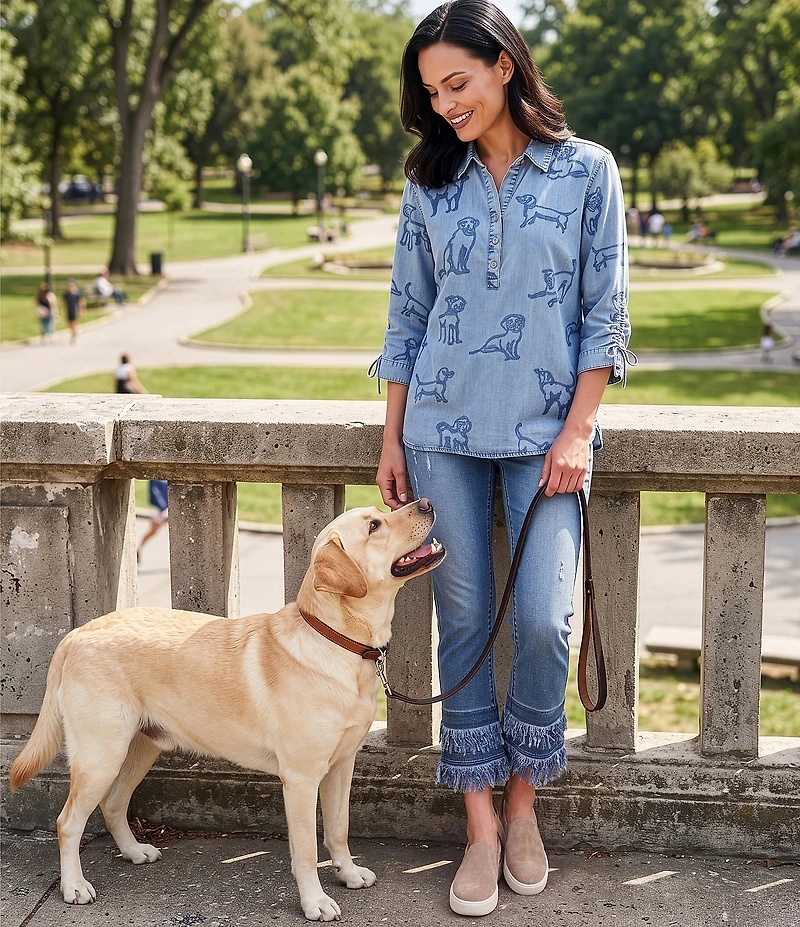 John Mark Dog Embroidered Wire Collar 3/4 Cinched Sleeve Tunic