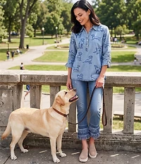 John Mark Dog Embroidered Wire Collar 3/4 Cinched Sleeve Tunic