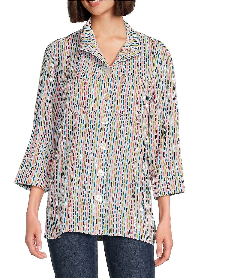 John Mark Printed Wire Collar 3/4 Sleeve Button-Front Camp Shirt