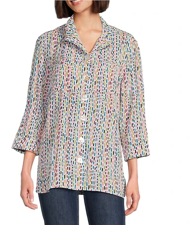 John Mark Printed Wire Collar 3/4 Sleeve Button-Front Camp Shirt