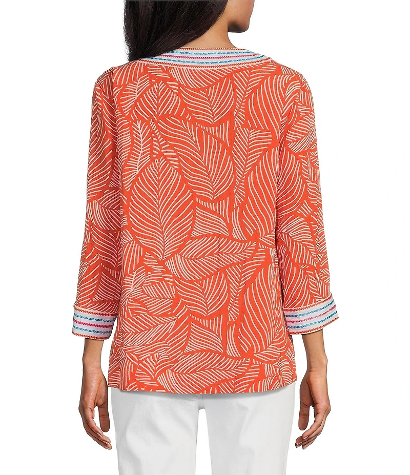 John Mark Embroidered Allover Tropical Leaf Print Split V-Neck 3/4 Sleeve Tunic