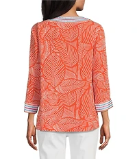 John Mark Embroidered Allover Tropical Leaf Print Split V-Neck 3/4 Sleeve Tunic