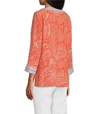 John Mark Embroidered Allover Tropical Leaf Print Split V-Neck 3/4 Sleeve Tunic