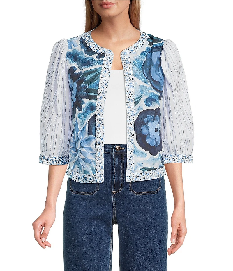 John Mark Embroidered Band Collar 3/4 Sleeve Open-Front Reversible Jacket