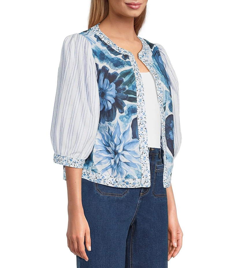 John Mark Embroidered Band Collar 3/4 Sleeve Open-Front Reversible Jacket