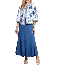 John Mark Embroidered Band Collar 3/4 Sleeve Open-Front Reversible Jacket