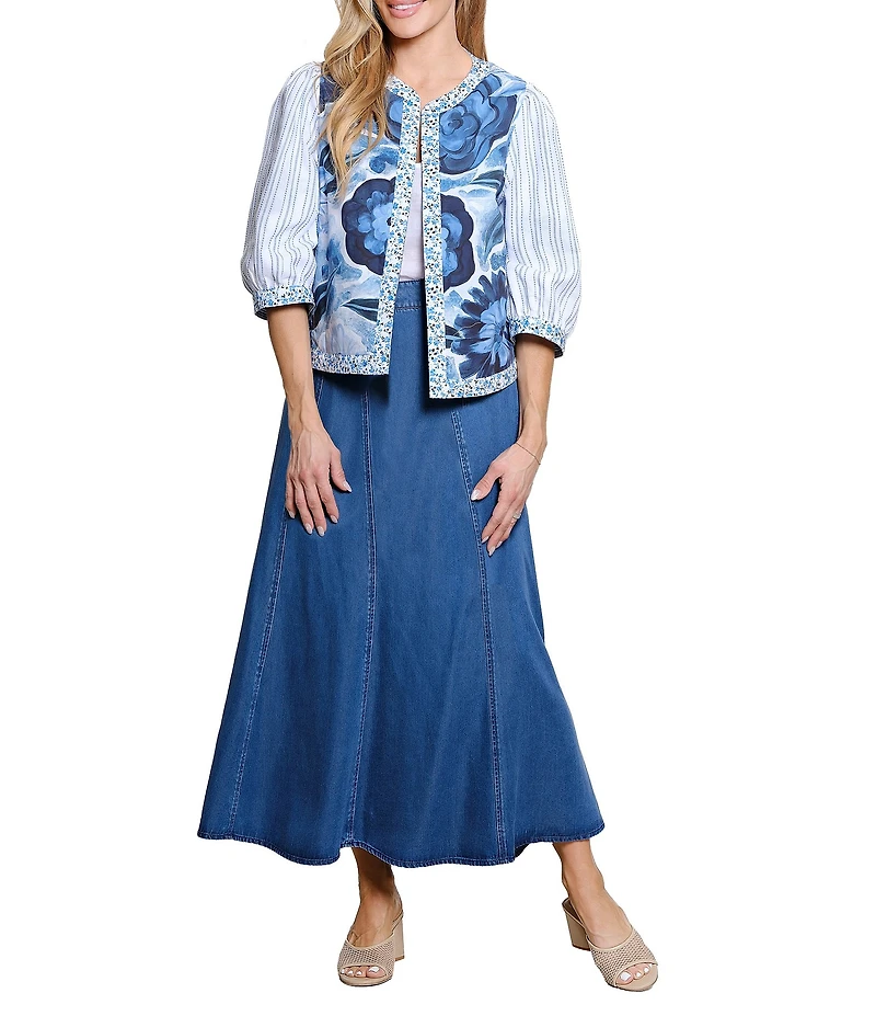 John Mark Embroidered Band Collar 3/4 Sleeve Open-Front Reversible Jacket