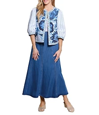 John Mark Embroidered Band Collar 3/4 Sleeve Open-Front Reversible Jacket