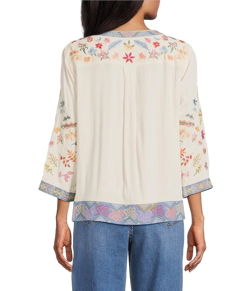 John Mark Embroidered Banded Collar 3/4 Sleeve Tunic