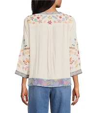 John Mark Embroidered Banded Collar 3/4 Sleeve Tunic