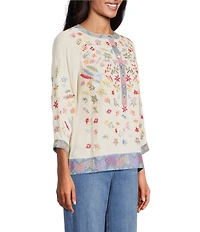 John Mark Embroidered Banded Collar 3/4 Sleeve Tunic