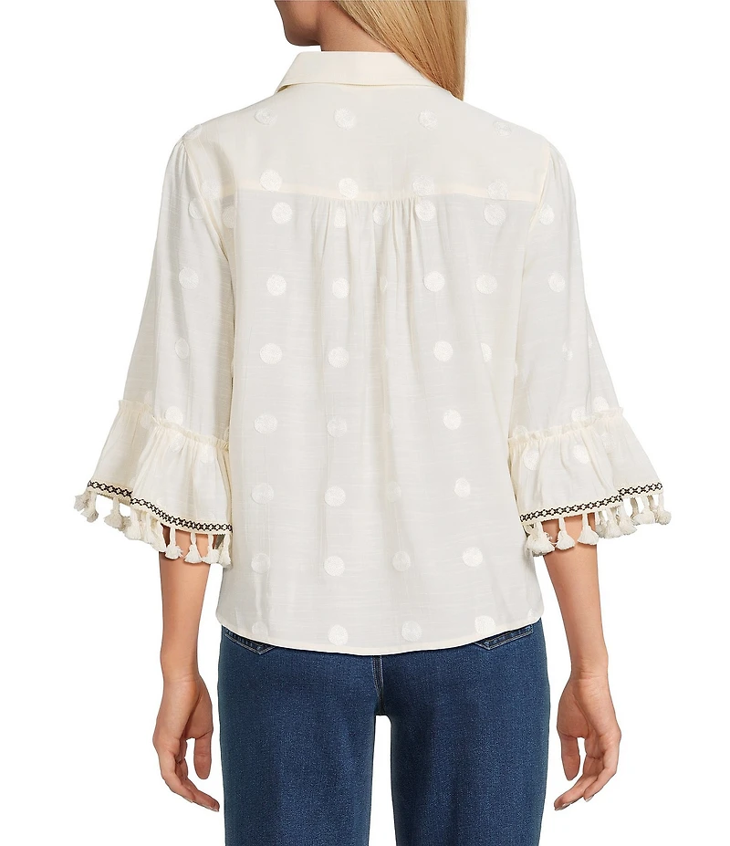 John Mark Embroidered Dots Tassel Trim Point Collar 3/4 Sleeve Button Tie-Front Blouse
