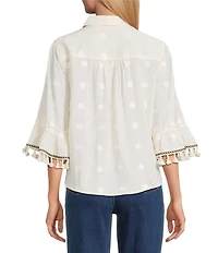 John Mark Embroidered Dots Tassel Trim Point Collar 3/4 Sleeve Button Tie-Front Blouse