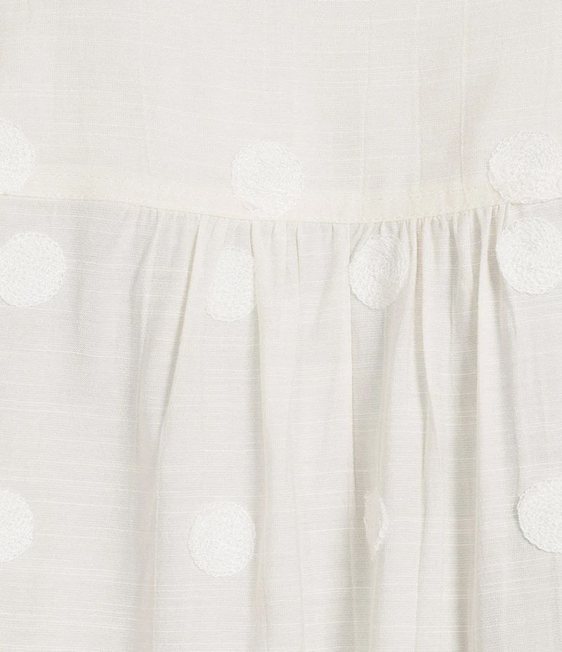 John Mark Embroidered Dots Tassel Trim Point Collar 3/4 Sleeve Button Tie-Front Blouse