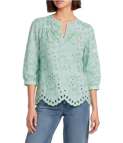 John Mark Embroidered Eyelet Paisley Floral Leaf Split V-Neck 3/4 Blouson Sleeve Tunic