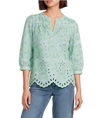 John Mark Embroidered Eyelet Paisley Floral Leaf Split V-Neck 3/4 Blouson Sleeve Tunic