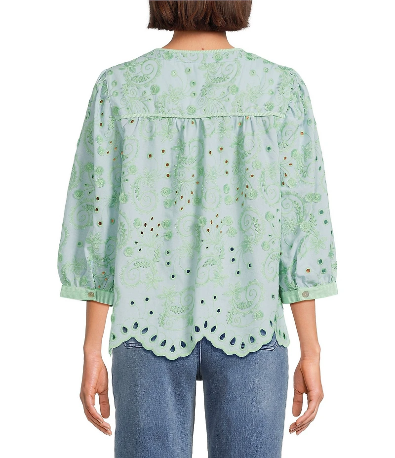 John Mark Embroidered Eyelet Paisley Floral Leaf Split V-Neck 3/4 Blouson Sleeve Tunic
