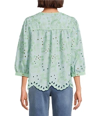 John Mark Embroidered Eyelet Paisley Floral Leaf Split V-Neck 3/4 Blouson Sleeve Tunic