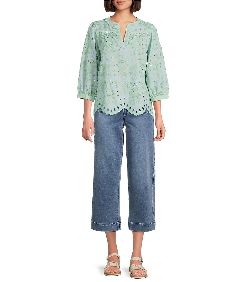 John Mark Embroidered Eyelet Paisley Floral Leaf Split V-Neck 3/4 Blouson Sleeve Tunic