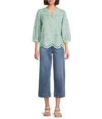 John Mark Embroidered Eyelet Paisley Floral Leaf Split V-Neck 3/4 Blouson Sleeve Tunic