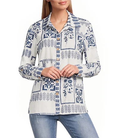 John Mark Embroidered Floral Eyelet Patchwork Point Collar Long Roll-Tab Sleeve Button Front Shirt