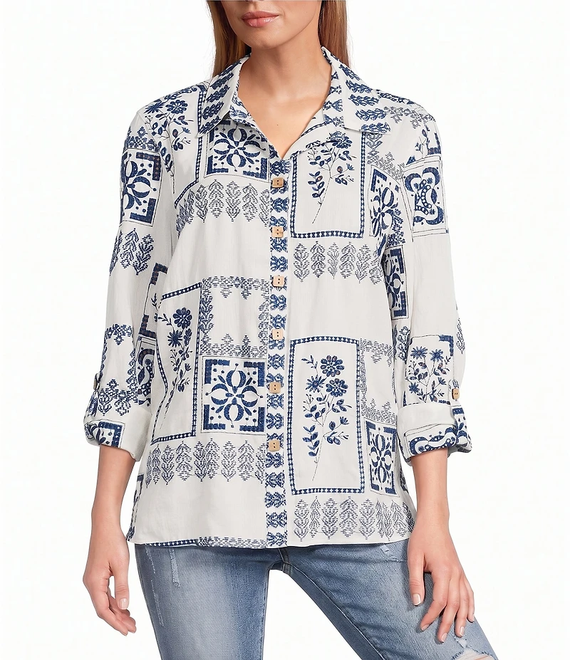 John Mark Embroidered Floral Eyelet Patchwork Point Collar Long Roll-Tab Sleeve Button Front Shirt